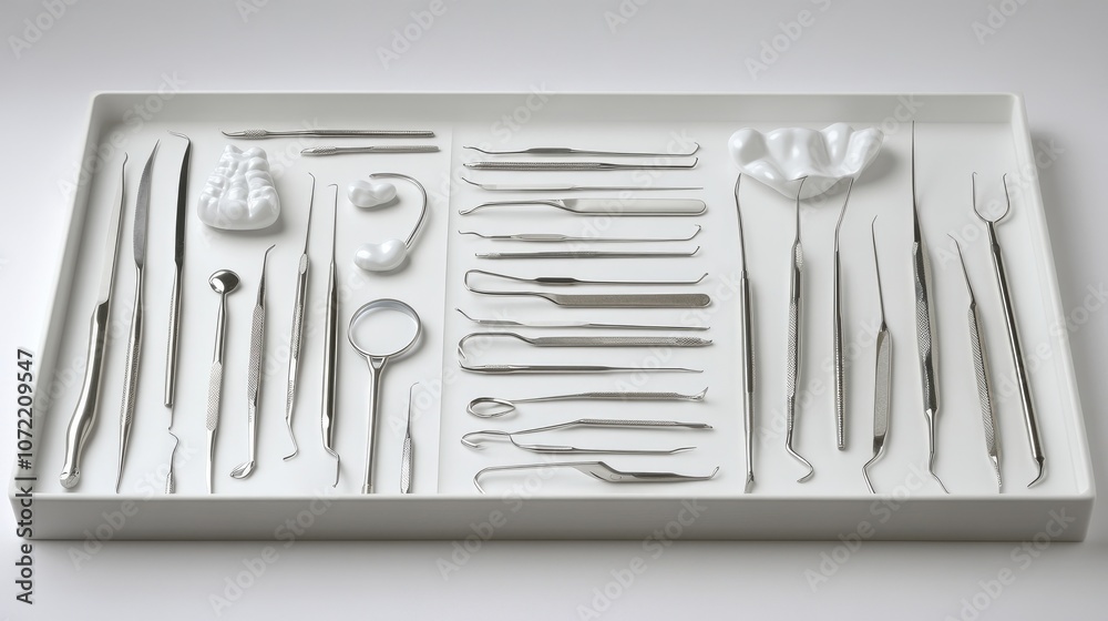 A Comprehensive Array of Dental Instruments and Tools Arranged Neatly on a White Tray for Professional Dentistry Procedures and Oral Care Practices A Comprehensive Array of Dental Instruments and Tools Arranged Neatly on a White Tray for Professional Dentistry Procedures and Oral Care Practices