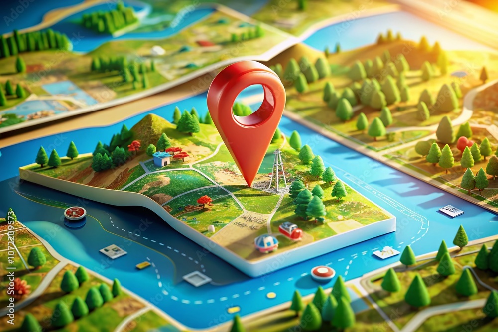 Drone Photography of a 3D Folded Paper Map with a GPS Pointer Pin and a ...