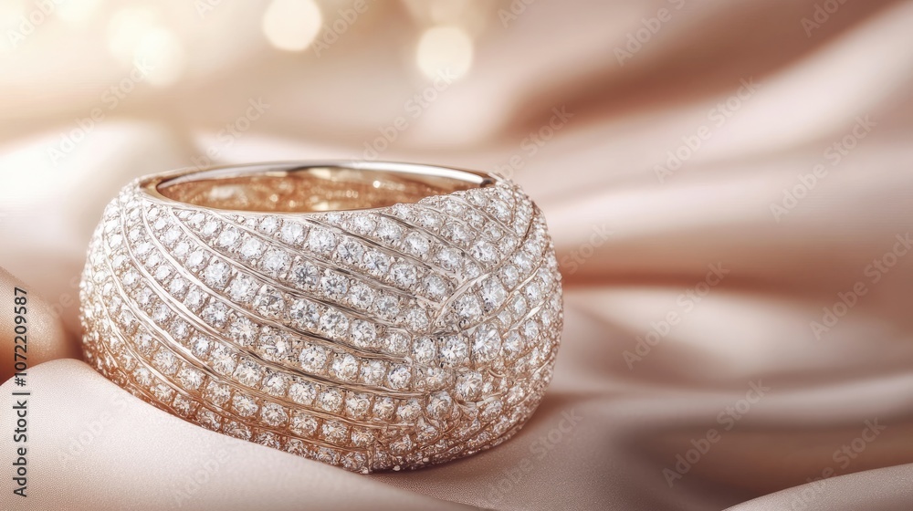 Stunning Close-up of an Elegant Diamond-Encrusted Ring on Soft Satin Fabric with a Glowing Background, Perfect for Luxury Jewelry Promotions and Fashion Editorials Stunning Close-up of an Elegant Diamond-Encrusted Ring on Soft Satin Fabric with a Glowing Background, Perfect for Luxury Jewelry Promotions and Fashion Editorials