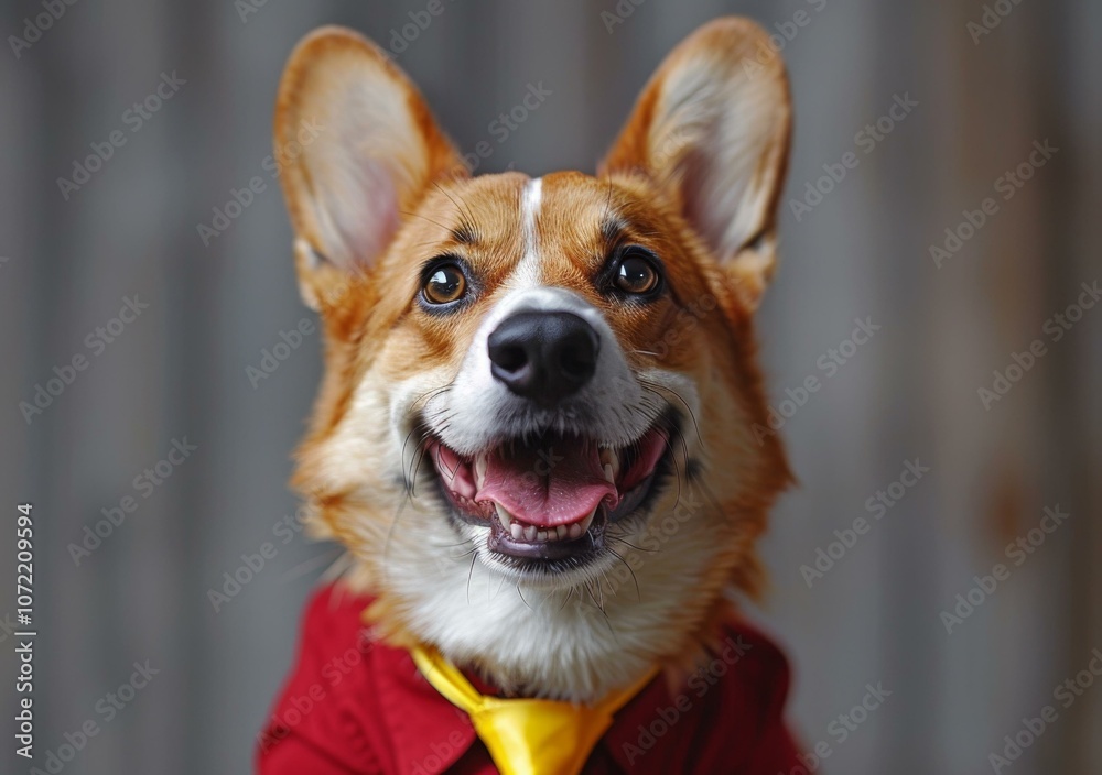 A happy corgi dog wearing a red shirt and yellow tie A happy corgi dog wearing a red shirt and yellow tie