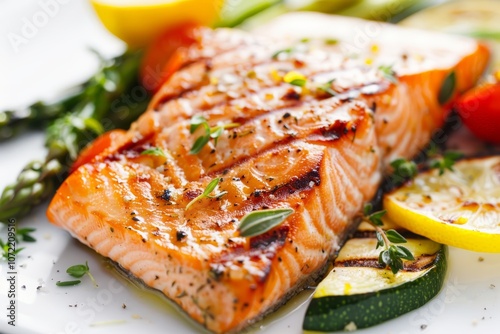 Un filetto di salmone dorato, su un letto di zucchine grigliate e asparagi, con fette di limone ed erbe fresche