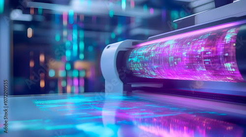 Futuristic Digital Printing Technology in Action with Vibrant Colors and LED Lights, Showcasing an Innovative Printer and Its Creative Output in a High-Tech Environment