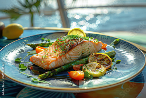 Un filetto di salmone dorato, su un letto di asparagi e zucchine grigliate, con fette di limone ed erbe fresche, servito in un elegante ristorante sulla costa, con vista sul mare