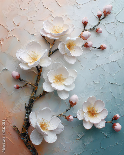 Wallpaper Mural A flowering branch with white delicate flowers on a textured light background. Torontodigital.ca