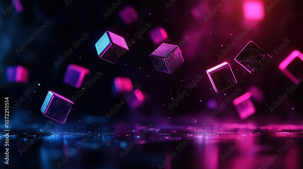 Naklejka premium Abstract floating cubes with vibrant neon lights in a dark, misty environment.