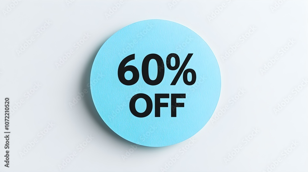 Black '60% OFF' Text on a Light Blue Round Paper Note. White Background with Copy Space Black '60% OFF' Text on a Light Blue Round Paper Note. White Background with Copy Space