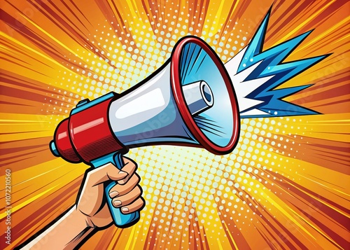 Dynamic Megaphone in Hand: Comic Pop Art Style Illustration Emphasizing Communication and Expression with Vibrant Colors and Energetic Design for Impactful Visuals photo