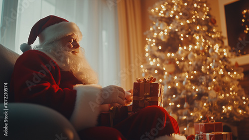 Santa's hands gently holding a gift wrapped in red paper, soft bokeh in the background,