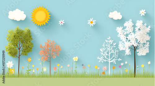 charming cartoon scene with vibrant trees, flowers, and sunny sky