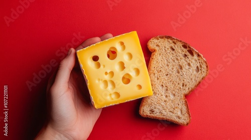 Advertisement for the new cheese product that is yellow and has holes in it. It looks like Swiss cheese but is more solid with an oval shape. A hand is holding it photo