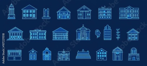 Simple Vector Icons of Buildings: Home Office, School, Church, Police Station, Restaurant, Library in Minimalist Style