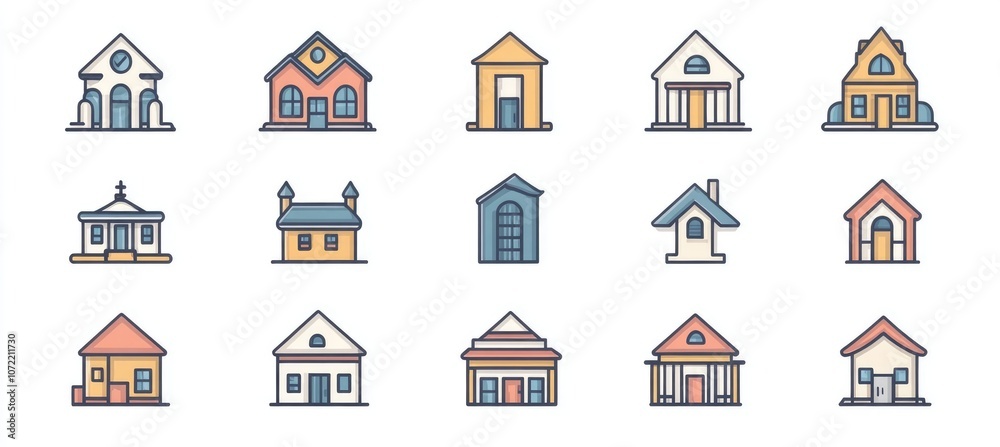 Simple Vector Icons of Buildings: Home Office, School, Church, Police Station, Restaurant, Library in Minimalist Style Simple Vector Icons of Buildings: Home Office, School, Church, Police Station, Restaurant, Library in Minimalist Style