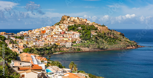 Panoramic view of medieval town of Castelsardo, Province of Sassari, Sardinia, Italy, Europe.