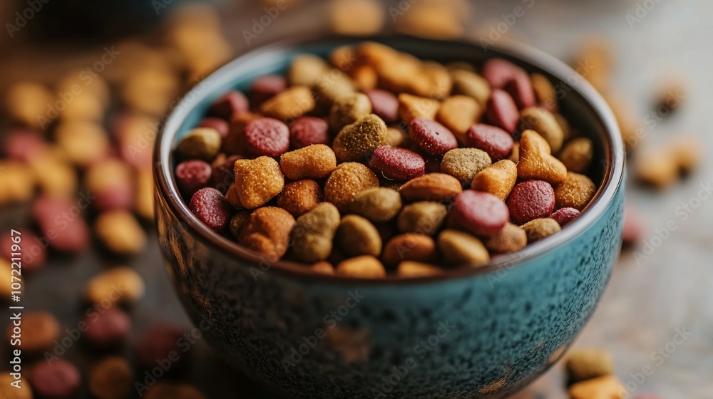 Dry cat or dog food in an isolated container, pet food, kibble, bowl, nutrition, meal, feed, variety, crunchy, healthy Dry cat or dog food in an isolated container, pet food, kibble, bowl, nutrition, meal, feed, variety, crunchy, healthy