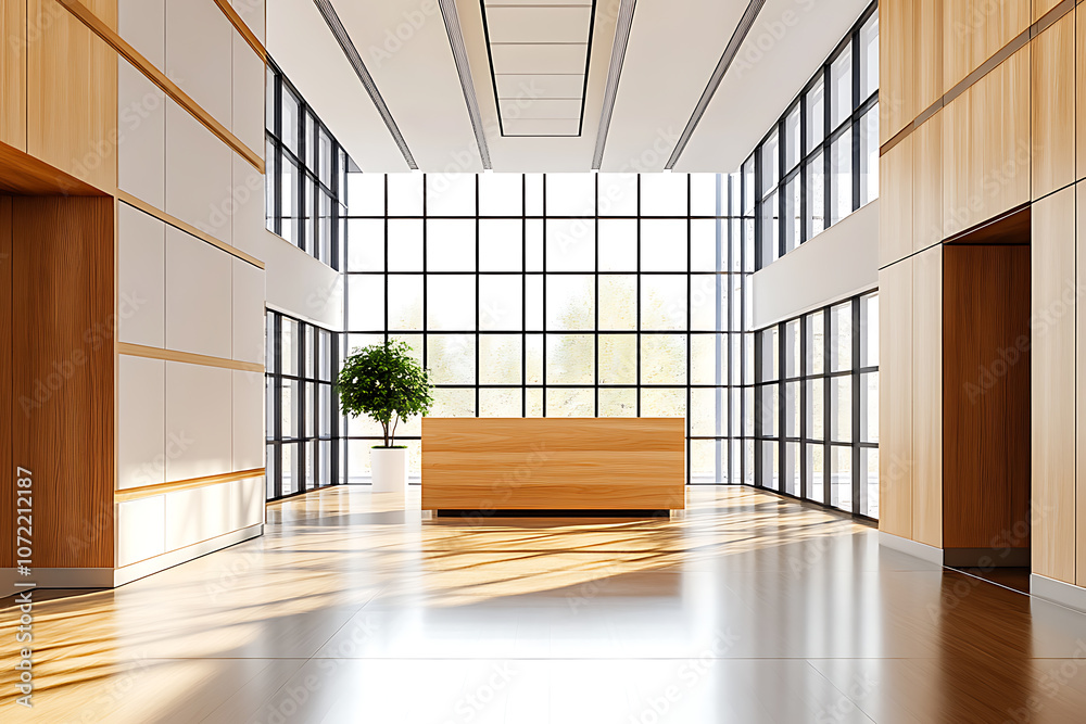 Modern office lobby with wooden finishes and large windows. 3D Rendering Modern office lobby with wooden finishes and large windows. 3D Rendering