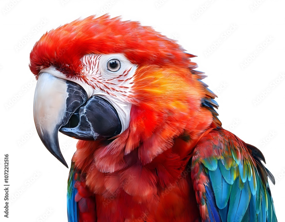 Fototapeta premium Vibrant watercolor illustration of a scarlet macaw parrot showcasing its bold red, orange, and blue feathers with detailed attention to the beak and eyes. Isolated on transparent background