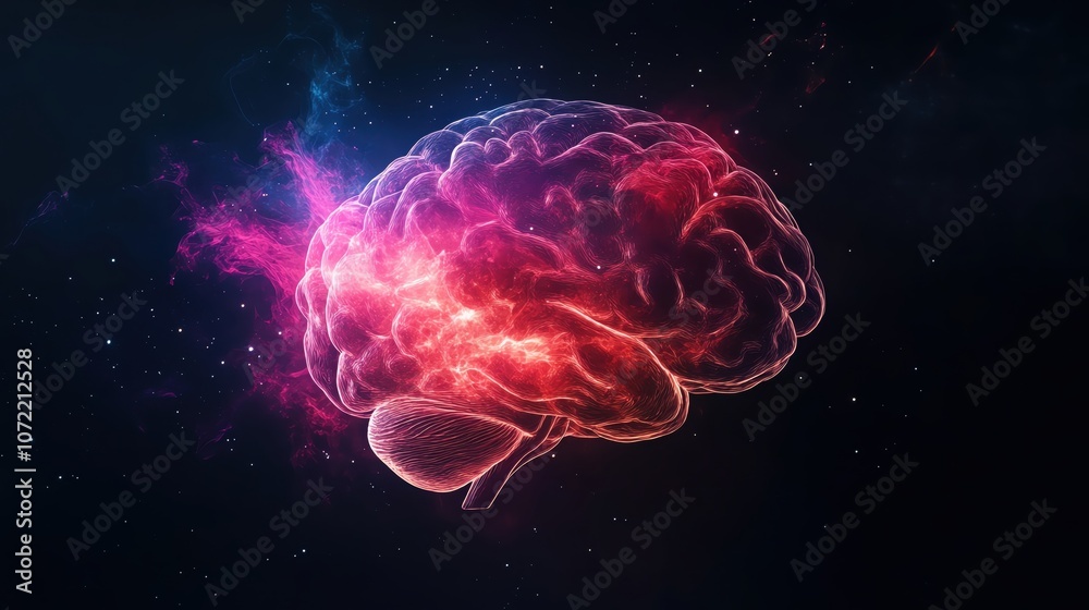 Colorful brain illustration symbolizing creativity and deep thought in a cosmic setting. Colorful brain illustration symbolizing creativity and deep thought in a cosmic setting.