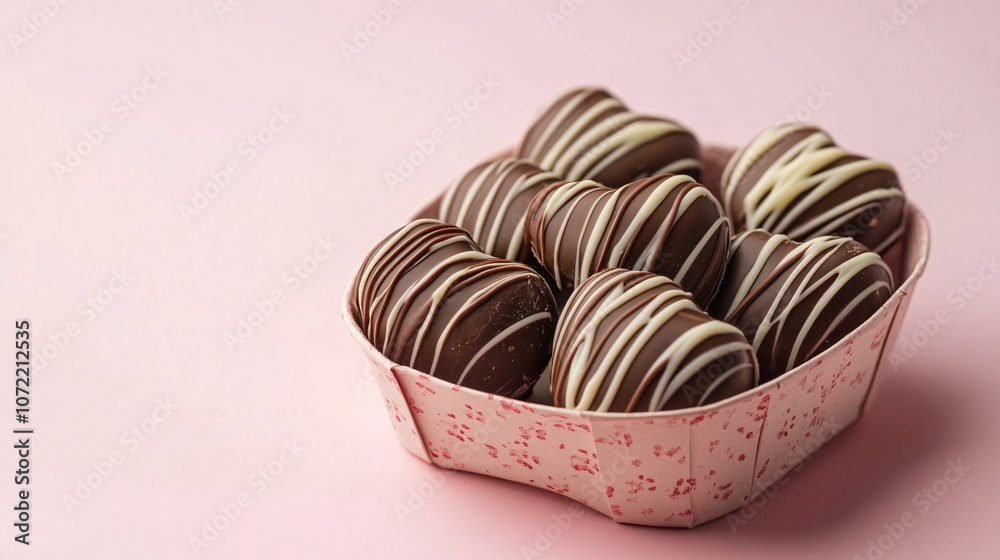 Heart Shaped Chocolate Truffles in Pink Box on Pink Background Heart Shaped Chocolate Truffles in Pink Box on Pink Background