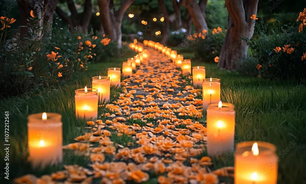 A serene path lined with candles and flower petals in a garden.