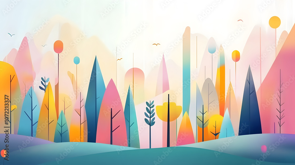 Obraz premium vibrant 2D vector forest scene with colorful trees and hills