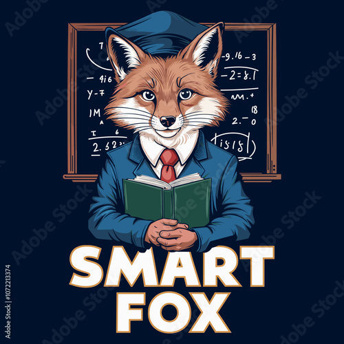 Wise Fox Professing Knowledge with a Book in Front of a Chalkboard - T-Shirt Print Design
