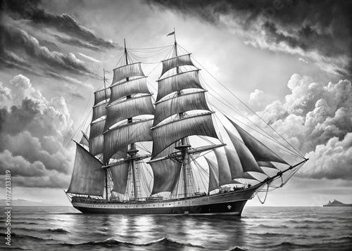 Elegant Black and White Sketch of a Vintage Sailing Ship on a Soft Background for Nautical Art Lovers and Collectors photo