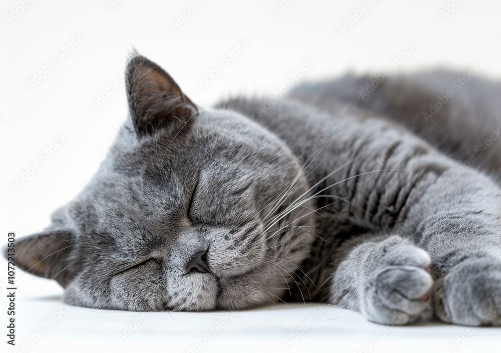 Fototapeta premium A gray British shorthair cat is sleeping on a white table.