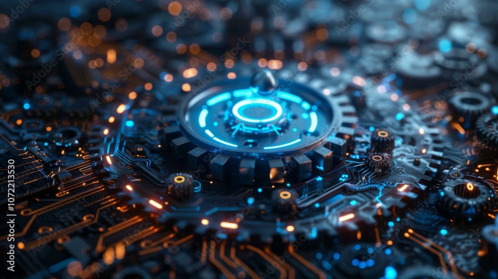 Fototapeta premium Glowing blue and orange circuit board with gears