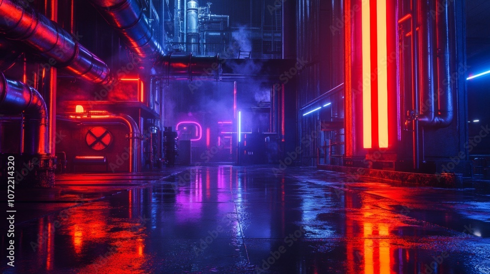 Neon Lights in Industrial Alleyway.