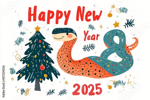 A cute cartoon snake is dancing around a Christmas tree banner. Happy New Year. photo