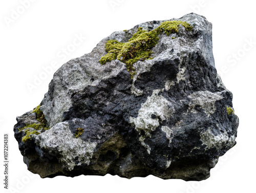 Moss-covered rock with a natural texture on a white isolated background.