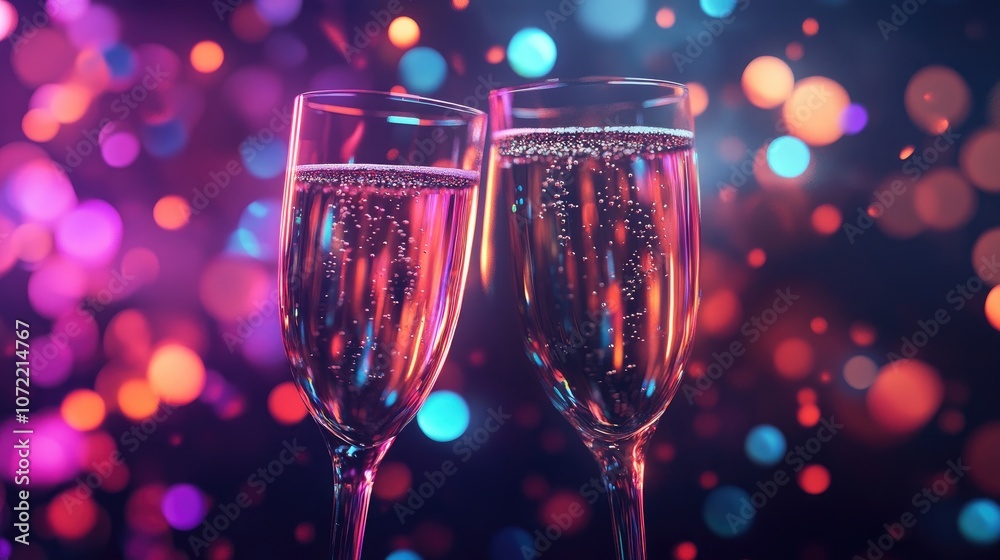 Neon lights and abstract shapes symbolizing a modern New Year's festival, with hints of champagne bubbles Neon lights and abstract shapes symbolizing a modern New Year's festival, with hints of champagne bubbles