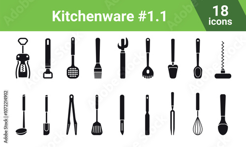 Filled icons of kitchen tools. Vector kitchen utensils: сorkscrew, opener, slotted spoon, pastry brush, spaghetti spoon, cheese knife, ladle, cream spatula, tongs, peeler, fork, whisk, ice cream scoop