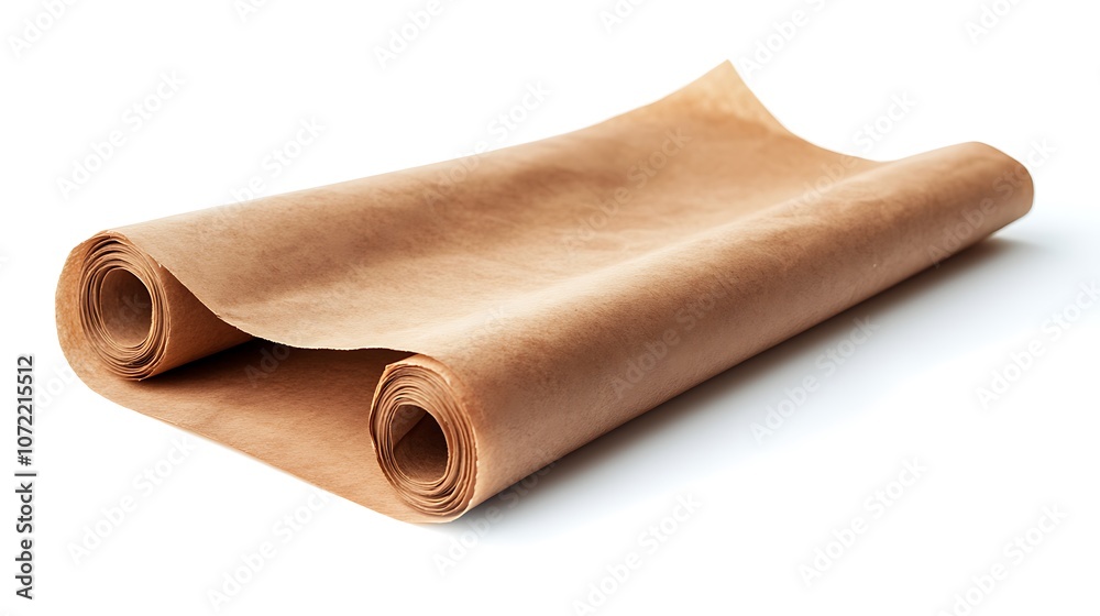 A roll of brown parchment paper, often used for baking or wrapping food. A roll of brown parchment paper, often used for baking or wrapping food.
