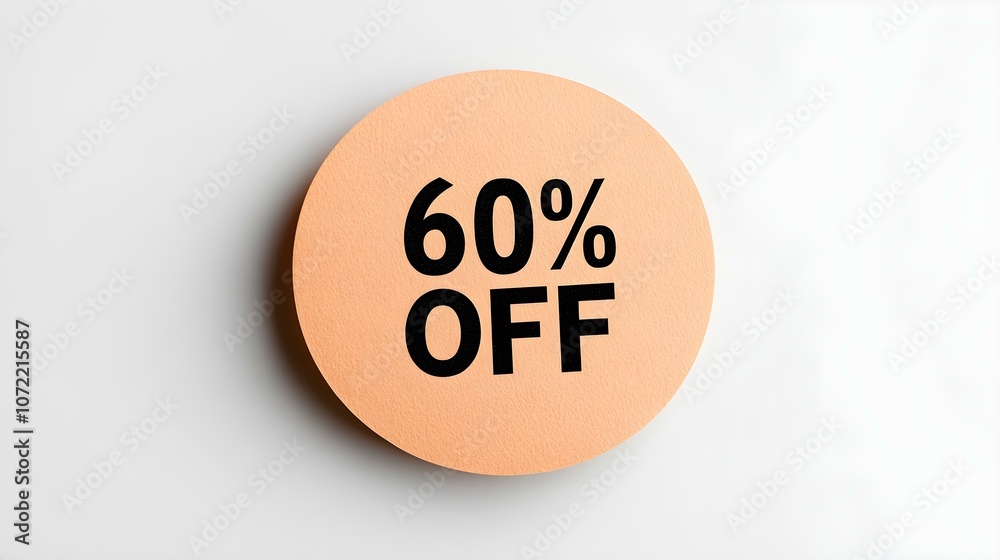 Black '60% OFF' Text on a Light Orange Round Paper Note. White Background with Copy Space Black '60% OFF' Text on a Light Orange Round Paper Note. White Background with Copy Space