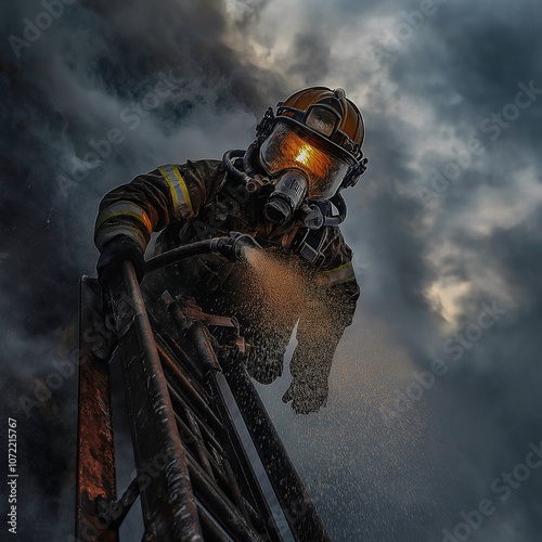 A dedicated firefighter stands on a ladder, expertly spraying water onto a fierce fire. Smoke engulfs the area, while his focus and bravery shine through in this chaotic moment