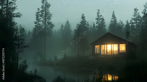 serene cabin in foggy forest, warm light glowing from windows