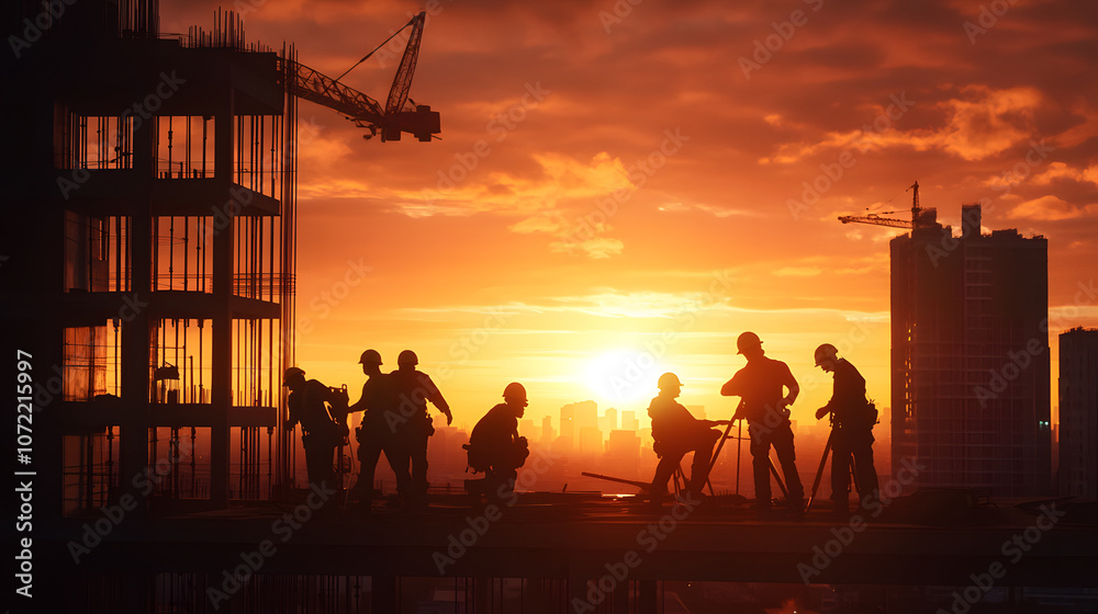 Naklejka premium Construction workers silhouetted against vibrant sunset skyline