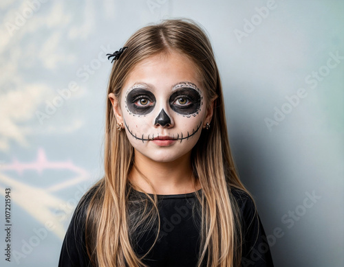 kleines Mädchen mit Halloween Gesichtsbemalung Totenkopf Motiv