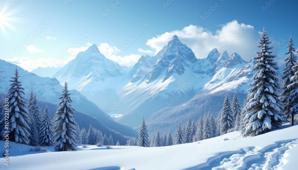 Fototapeta premium Majestic Snowy Mountain Peaks Under a Clear Blue Sky Landscape.