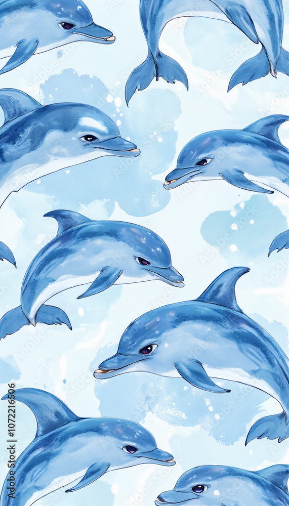 Obraz premium Dolphin pattern with watercolor textures in shades of blue