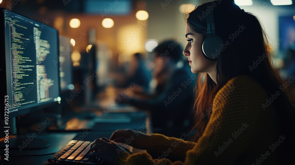 High-Quality Blurred Photo of People Working with Code on Computers in Office, Soft Lighting and Natural Daylight High-Quality Blurred Photo of People Working with Code on Computers in Office, Soft Lighting and Natural Daylight
