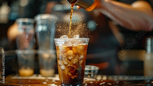 Iced coffee being poured into a plastic cup photo