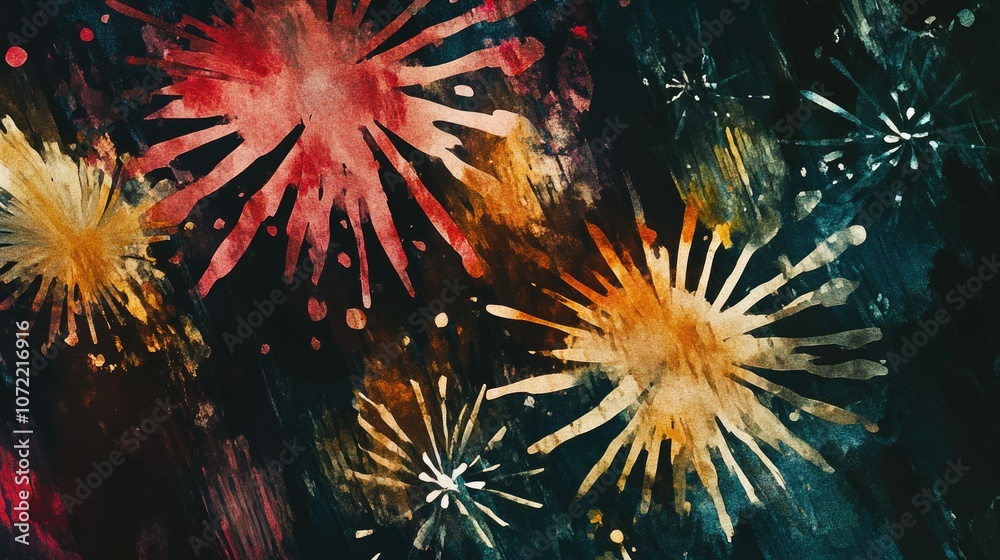 New Year celebration fireworks flat design top view holiday theme watercolor Triadic Color Scheme New Year celebration fireworks flat design top view holiday theme watercolor Triadic Color Scheme