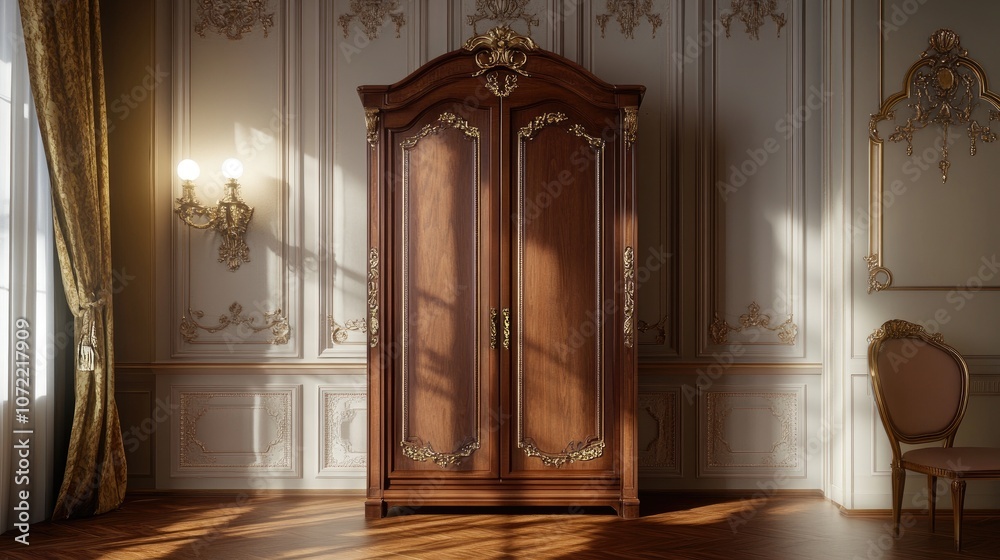 Elegant Antique Wardrobe in Opulent Room with Rich Wood Finish and Ornate Gold Detailing, Bathed in Soft Natural Light, Ideal for Classic Interior Design Themes