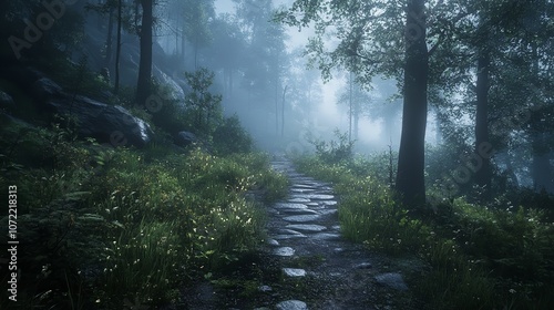 A dark and moody forest pathway covered in mist. Photo compo photo