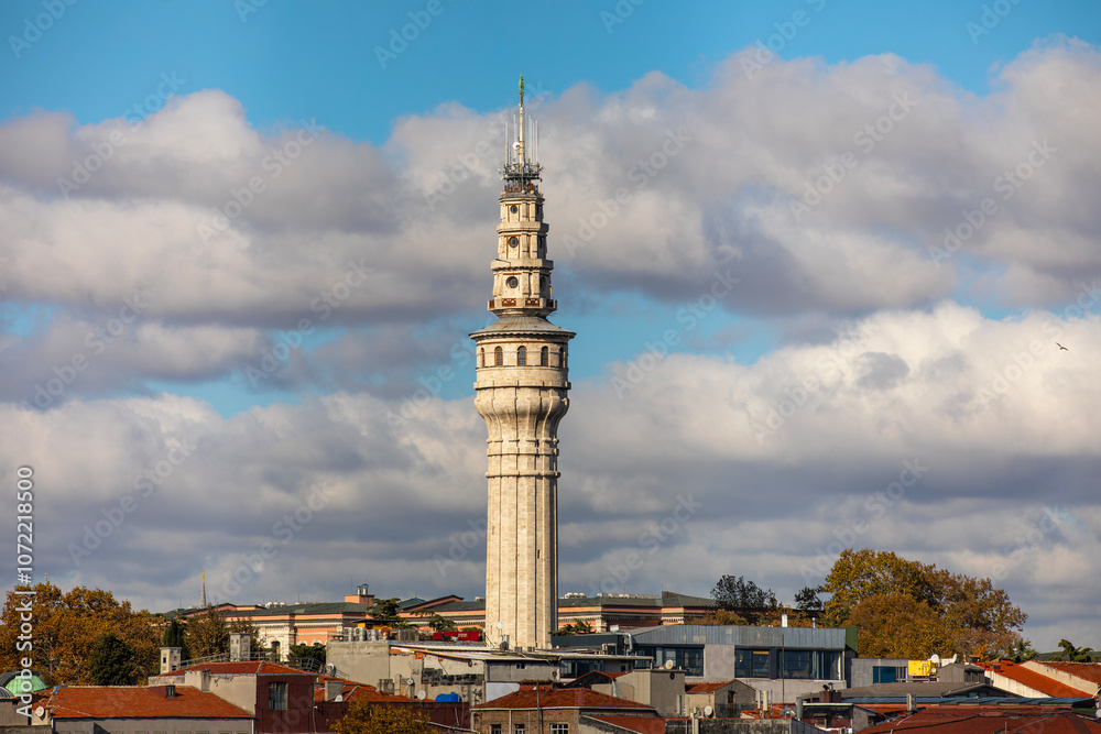 Obraz premium Ancient Medieval Fire Tower (Turkish: Yangın Kulesi) of Istanbul University. It located at the centre of Istanbul University Beyazit Central Campus. Beyazit Tower