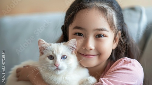 Little girl hugging a white cat photo