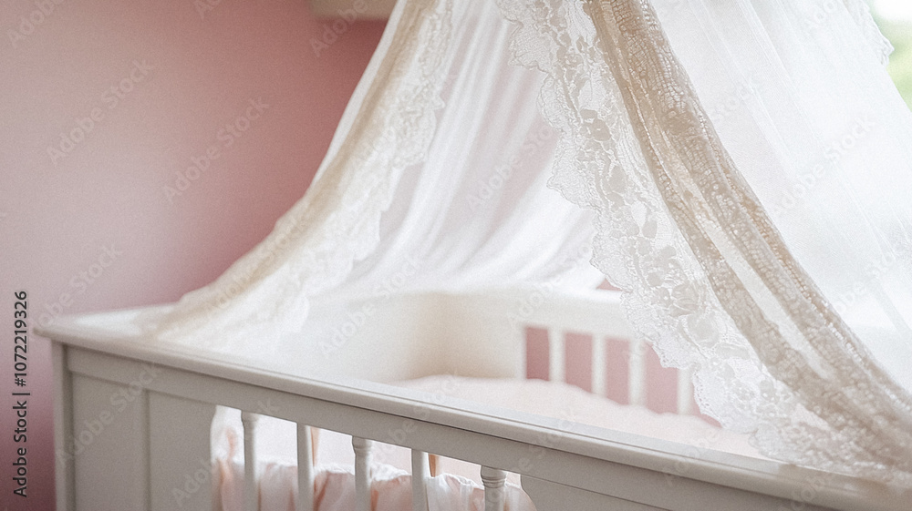 Baby room bassinet, baby cradle bed with lace or soft fabric canopy, cosy nursery interior design and decor, country home style idea Baby room bassinet, baby cradle bed with lace or soft fabric canopy, cosy nursery interior design and decor, country home style idea