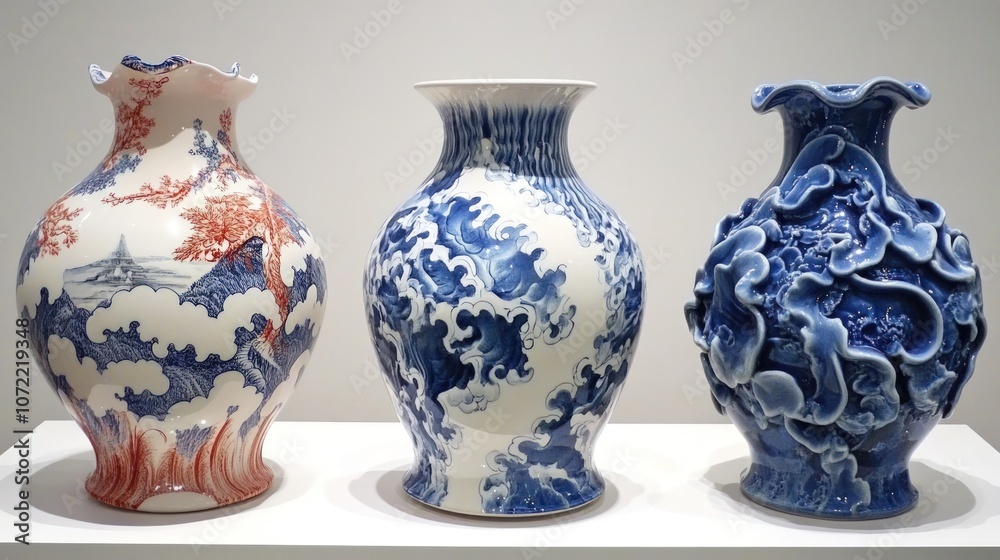 Three decorative ceramic vases with blue and white designs. Three decorative ceramic vases with blue and white designs.